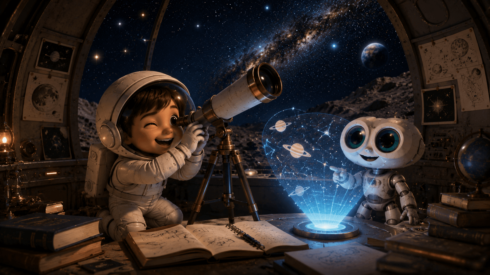 Two explorers charting communities through a telescope, the way Discords.ai maps Discord servers by what they are actually about